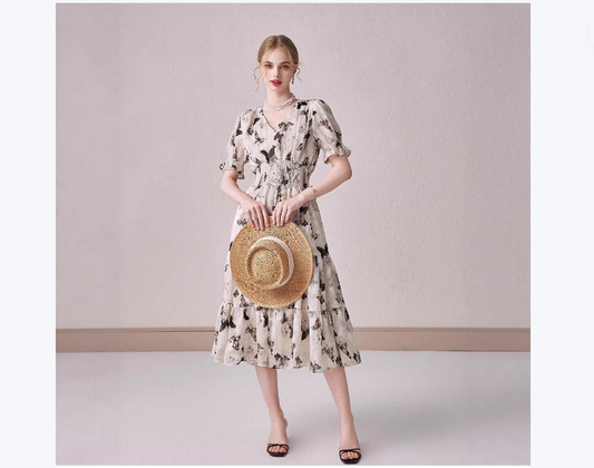V-neck Puffed-sleeve Floral-print Midi Dress