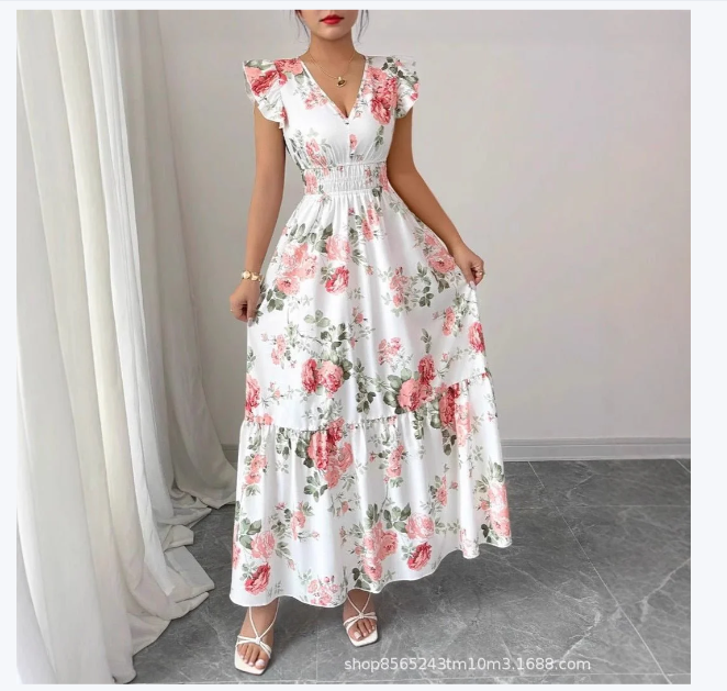Women's Fashionable Elegant And Sophisticated Printed Dress With Ruffled Sleeves