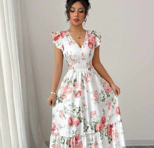Women's Fashionable Elegant And Sophisticated Printed Dress With Ruffled Sleeves