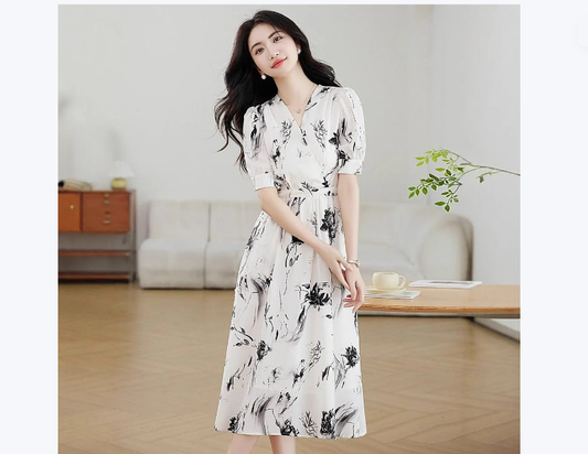 Floral French-style Figure-flattering Elegant Dress