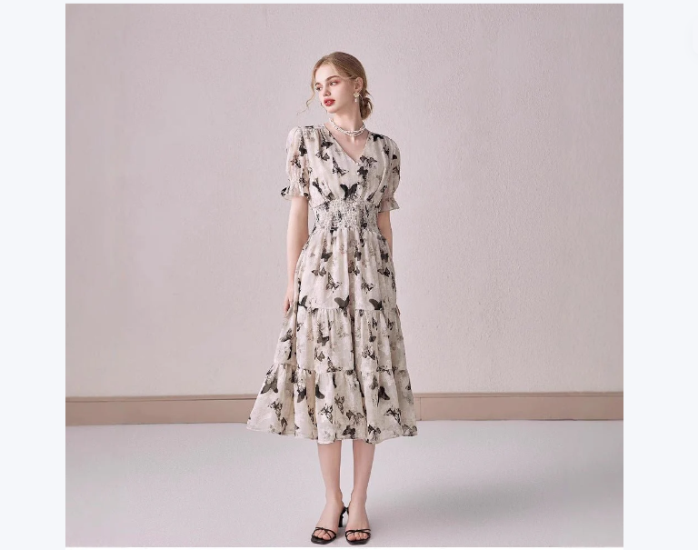 V-neck Puffed-sleeve Floral-print Midi Dress