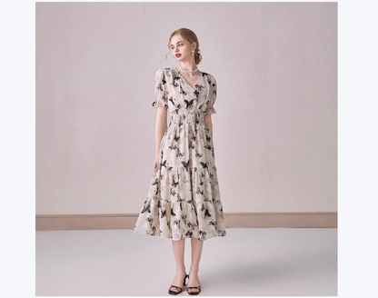 V-neck Puffed-sleeve Floral-print Midi Dress