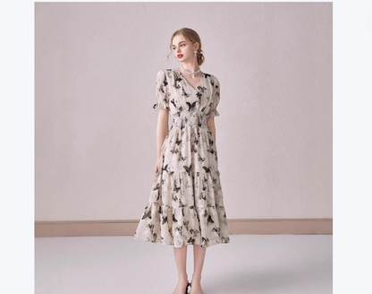 V-neck Puffed-sleeve Floral-print Midi Dress