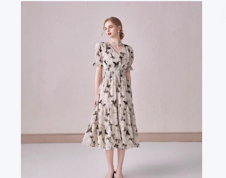 V-neck Puffed-sleeve Floral-print Midi Dress