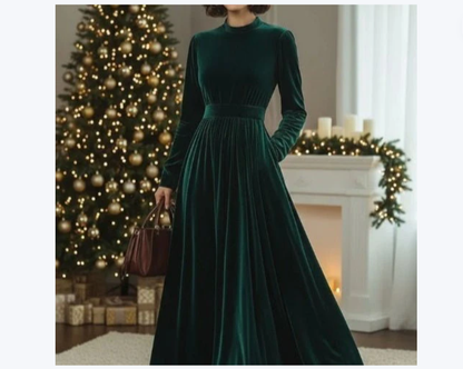 Stand Collar Loose Party Pocket Solid Velvet Long Sleeve Maxi Dress