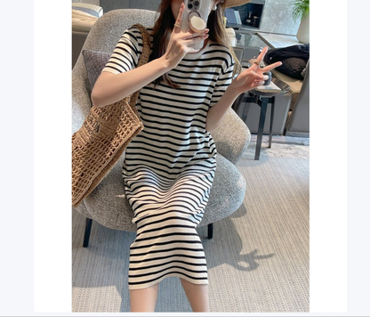 Crew-neck Short-sleeve Striped Dress For Petite Figures