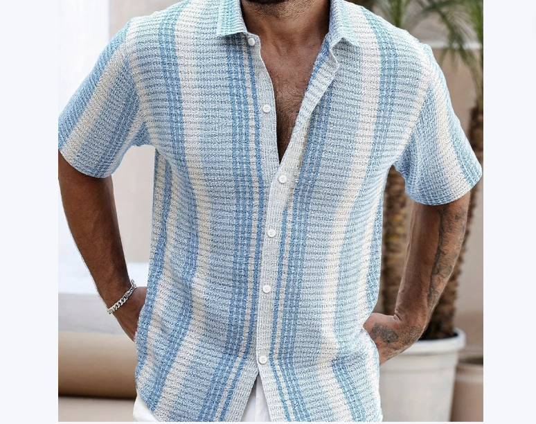 Mens Casual Slim-Fit 3D-Printed Short-Sleeve Beach Shirt
