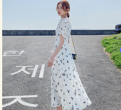 Pastoral-style White Floral-print Dress For Women Summer Season