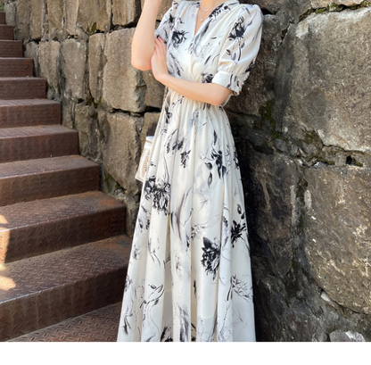 Women's Elegant Short-Sleeve V-Neck Midi Body-Slimming Chic Commuter Dress