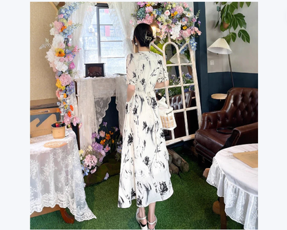 Women's Elegant Short-Sleeve V-Neck Midi Body-Slimming Chic Commuter Dress