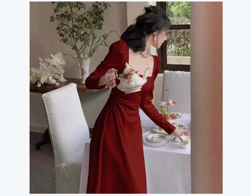 Red Longsleeve Dress Women's Formal GownRed SkirtMaxi
