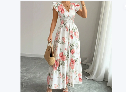 Women's Fashionable Elegant And Sophisticated Printed Dress With Ruffled Sleeves