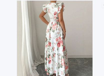 Women's Fashionable Elegant And Sophisticated Printed Dress With Ruffled Sleeves