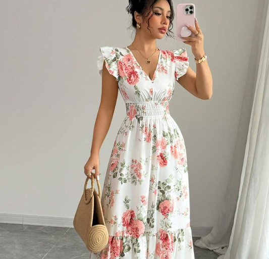 Women's Fashionable Elegant And Sophisticated Printed Dress With Ruffled Sleeves