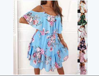 Flower Printed Ruffled Suspender Dress Summer Off-the-shoulder Strap Dresses Women