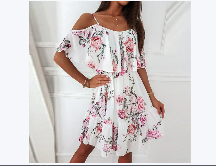 Flower Printed Ruffled Suspender Dress Summer Off-the-shoulder Strap Dresses Women
