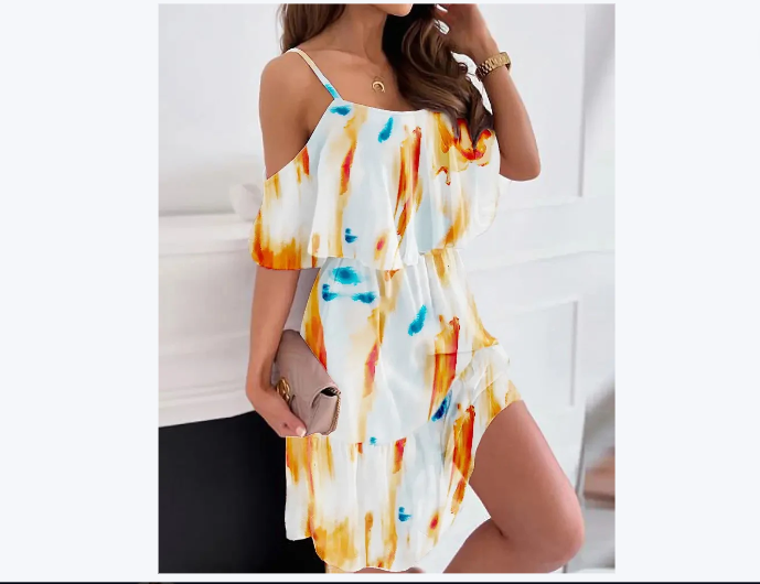 Flower Printed Ruffled Suspender Dress Summer Off-the-shoulder Strap Dresses Women