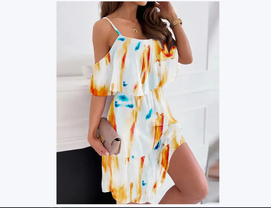 Flower Printed Ruffled Suspender Dress Summer Off-the-shoulder Strap Dresses Women