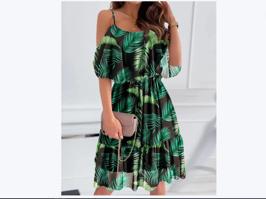 Flower Printed Ruffled Suspender Dress Summer Off-the-shoulder Strap Dresses Women
