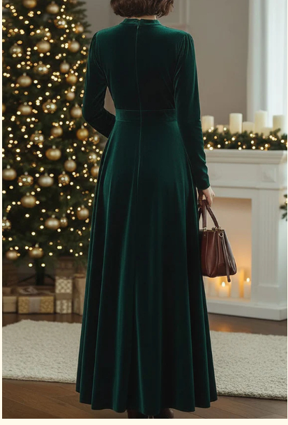 Stand Collar Loose Party Pocket Solid Velvet Long Sleeve Maxi Dress