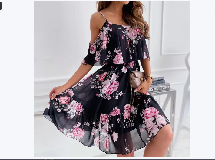 Flower Printed Ruffled Suspender Dress Summer Off-the-shoulder Strap Dresses Women